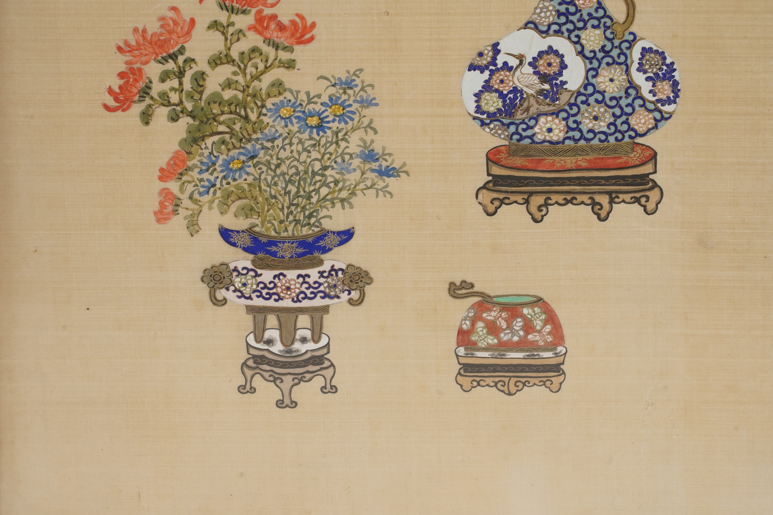 Chinese School , (Early 20th century), Antique vessels and flowers, Ink and colour on silk, 57cm x 36cm
